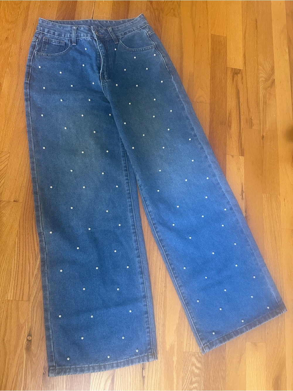 Pearl-Embellished Wide Leg Jeans - Blue